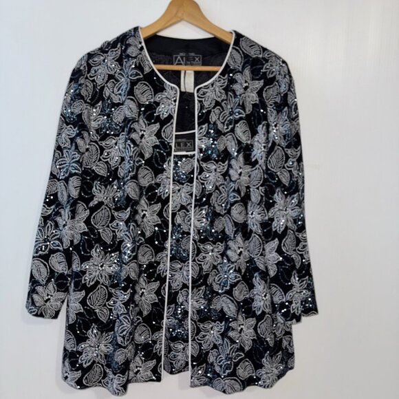 VTG Alex Evenings 2 Piece Set 2X Black White Lignt Blue Floral Sparkle JacketTop - Picture 2 of 16